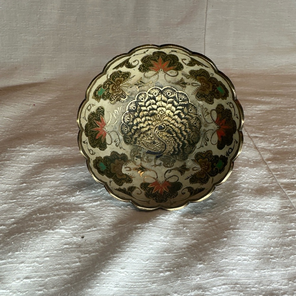 Vintage hand painted brass and enamel peacock bowl.
